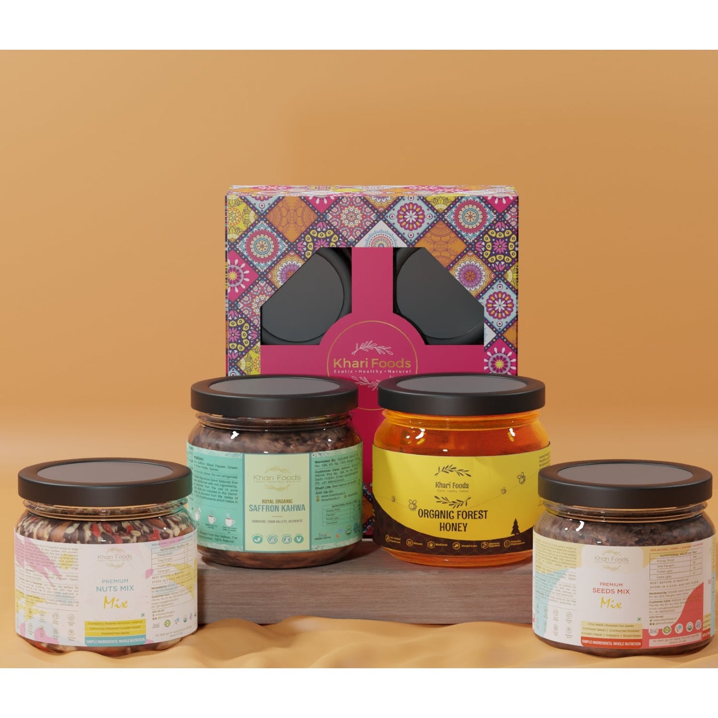 Superfoods Festive Gift Box - Honey, Kahwa, Seeds Mix, Nuts Mix (Pack 4)